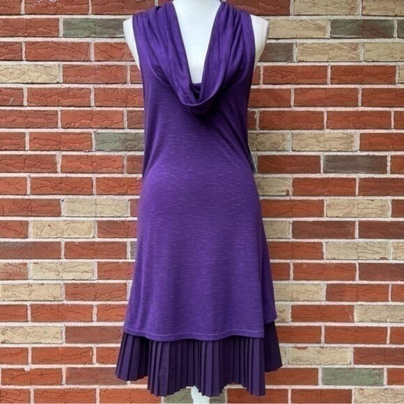 🔥 NWT Free People Cowl Neck Drop Waist Purple Black Plisse Hem Dress - Picture 1 of 12